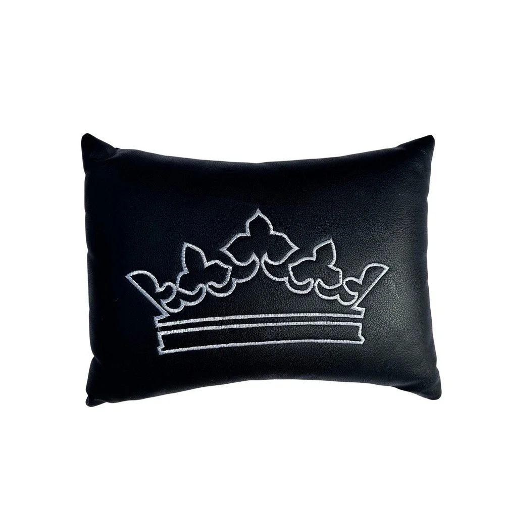 Crown Throw Pillow 14x9 Black Faux Leather‎ White Embroidered Regal